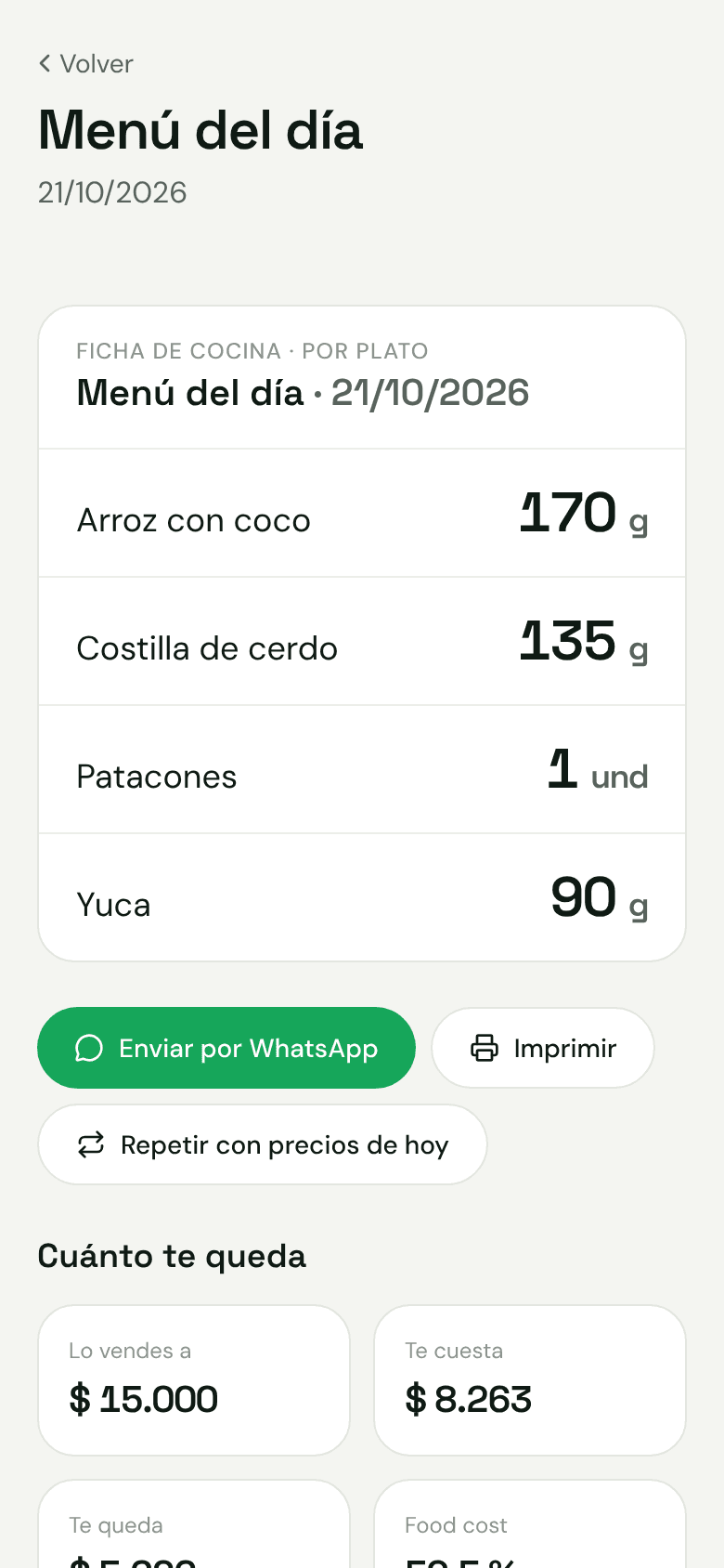 Ficha de cocina del menú del día con los gramos de cada componente